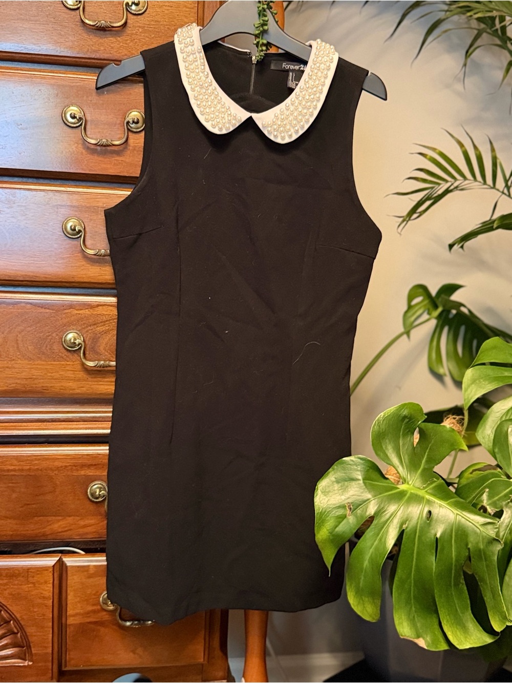 Forever 21 Black Mini Dress with Pearl-Embellished White Peter Pan Collar